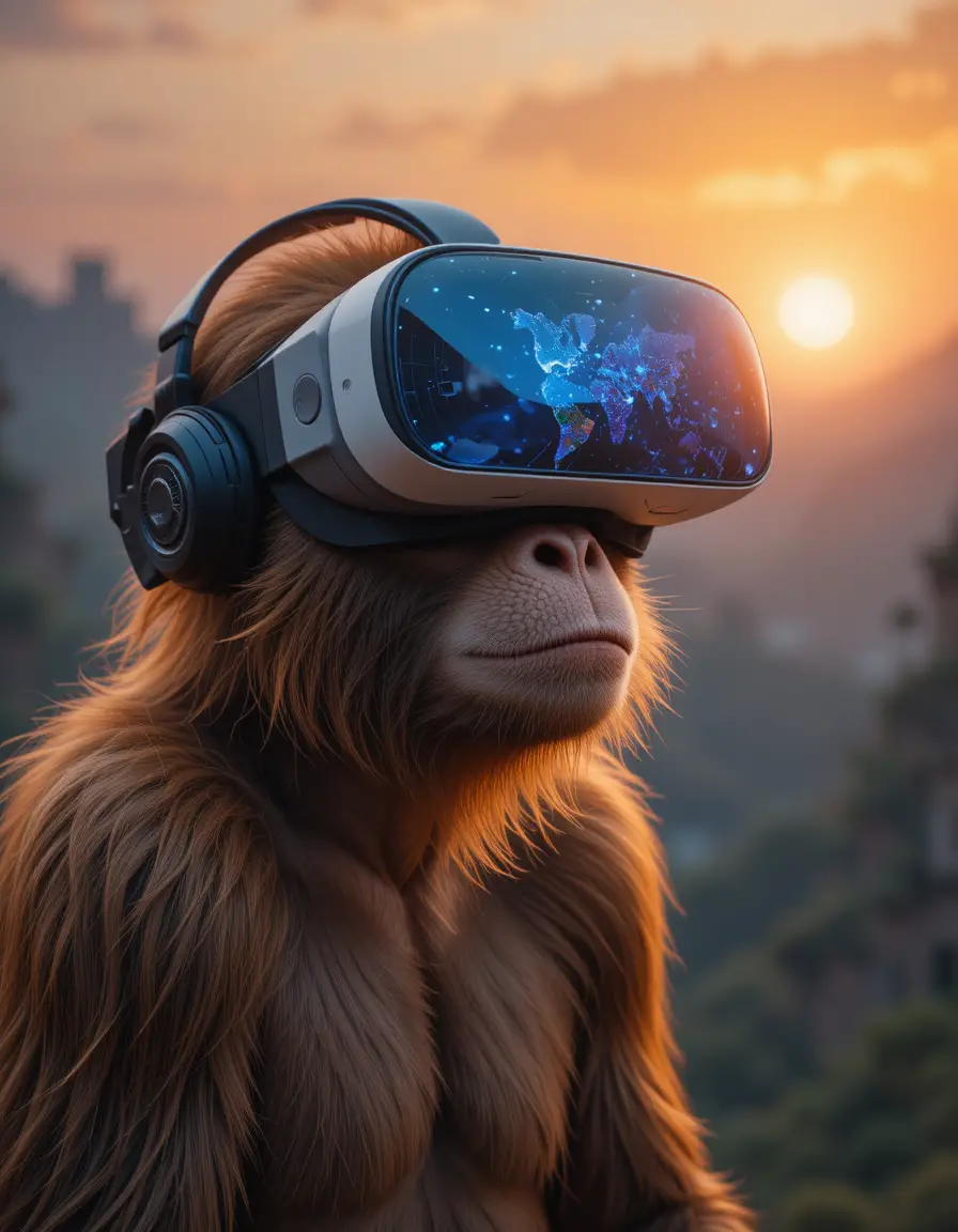 Neugieriger Affe mit VR-Headset in einer Sonnenuntergangslandschaft