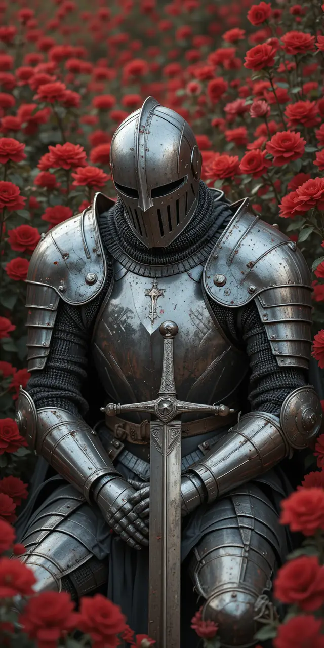 Sad armored knight resting in a field of red flowers