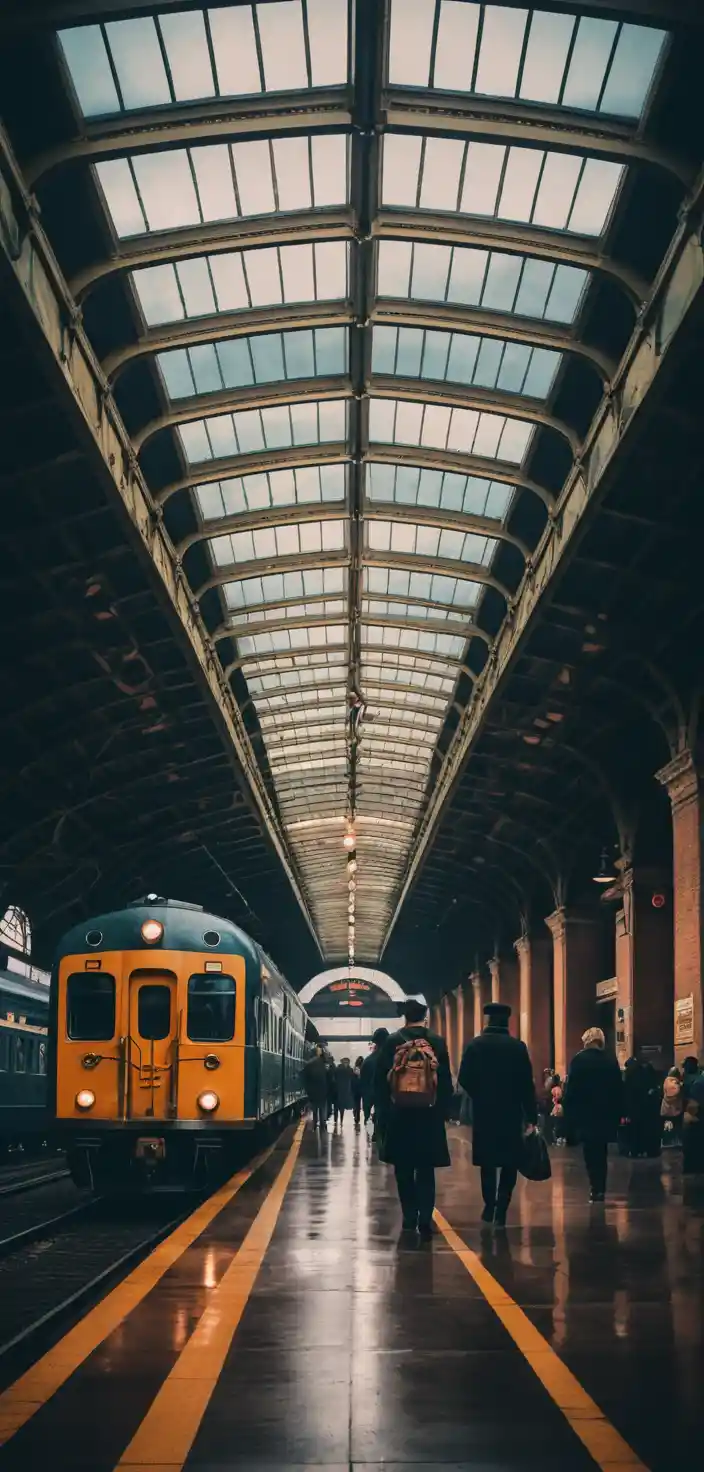Vintage train station with travelers under colorful evening sky