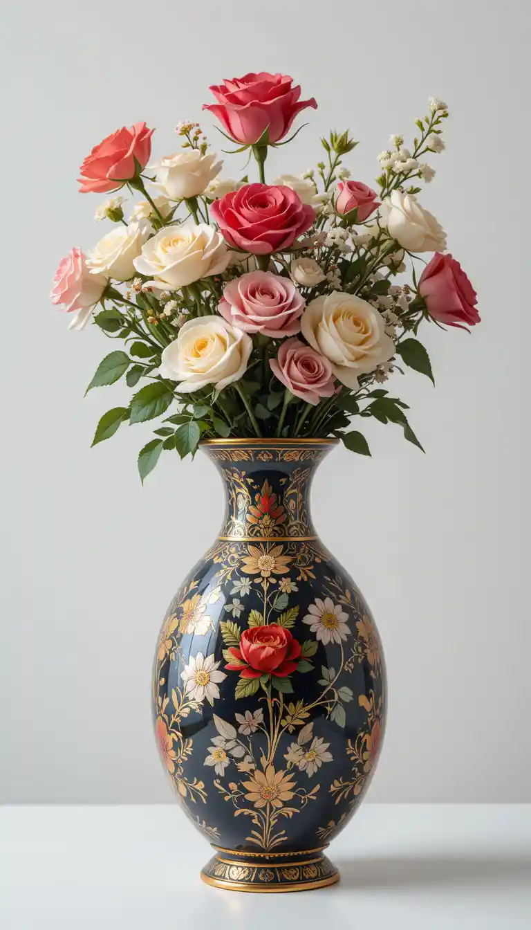 Vaso elegante con rose su sfondo bianco pulito