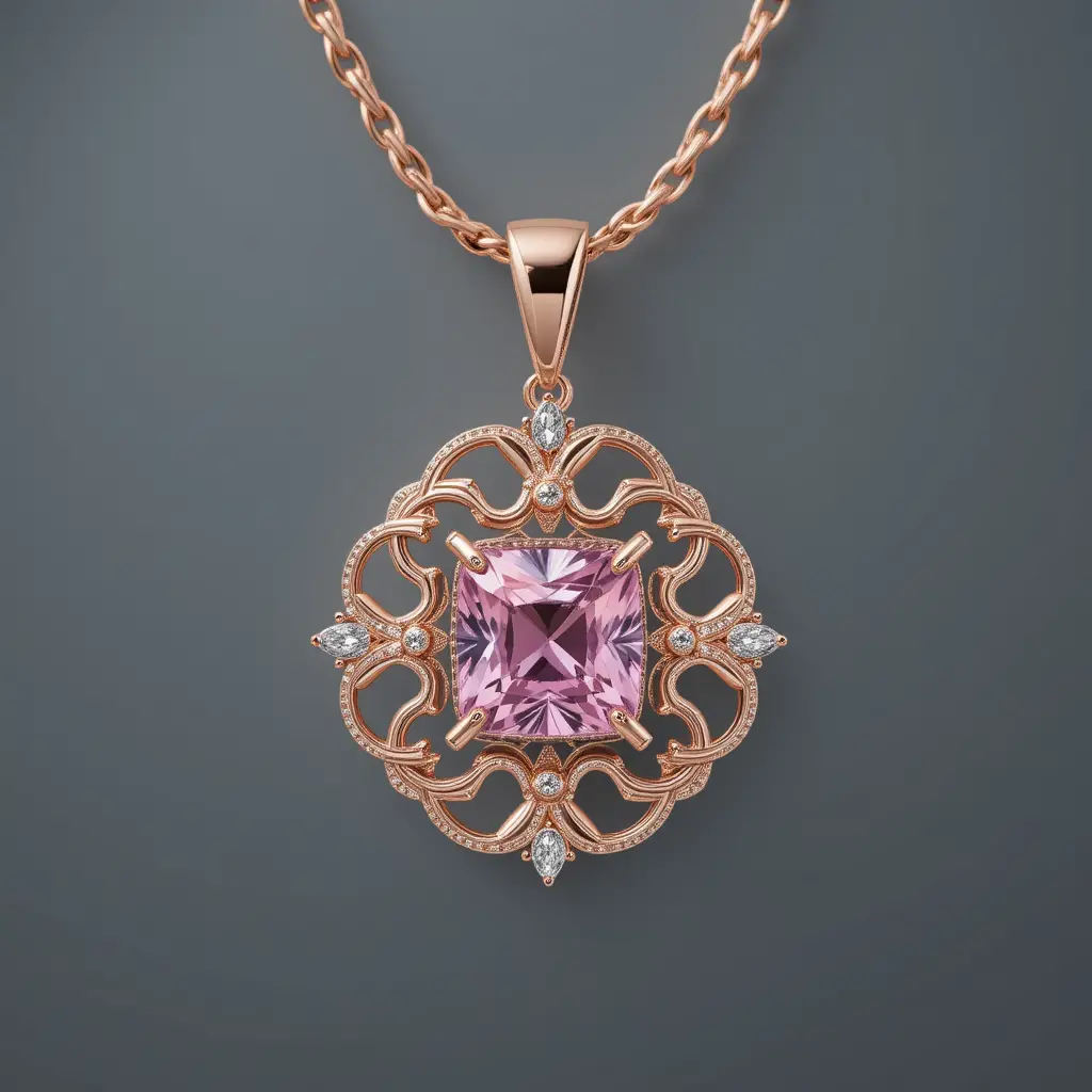 Collana in oro rosa con ciondolo quadrato con gemma rosa