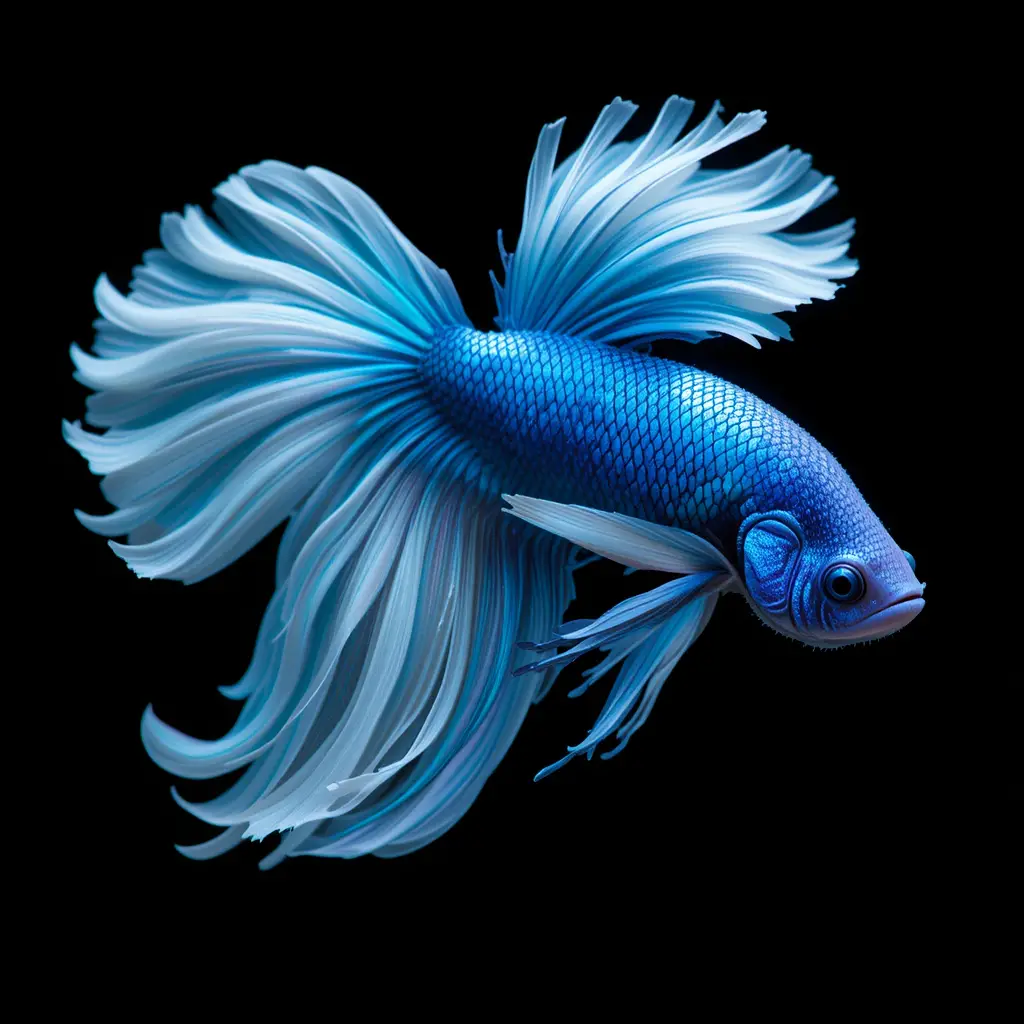 黑色背景上優雅游動、擁有飄逸魚鰭的藍色鬥魚