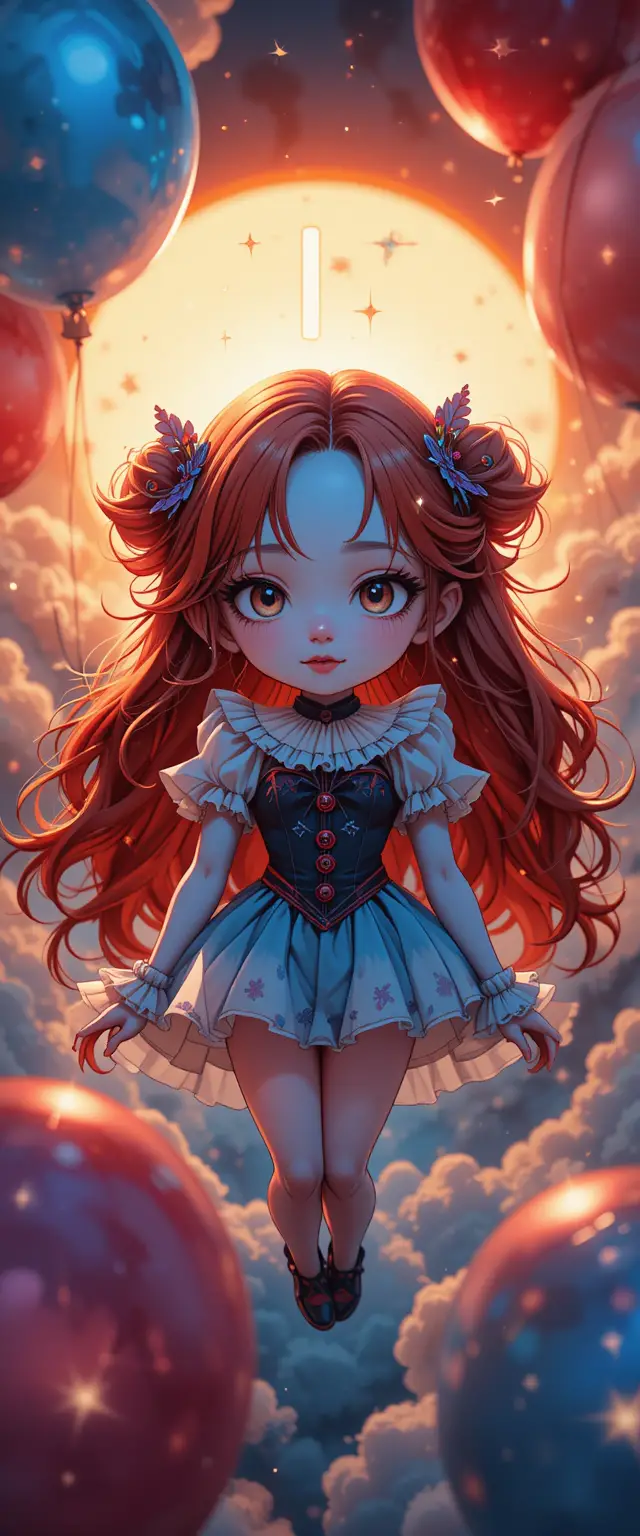Fröhliches Anime-Clown-Mädchen schwebt vor leuchtendem Himmel