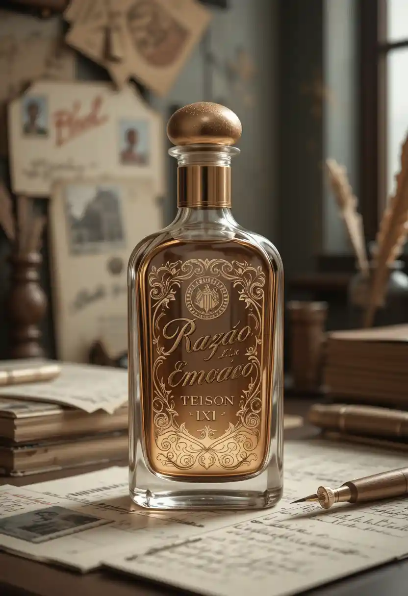 Boccetta di profumo stile cartolina vintage su scrivania da scrittura nostalgica