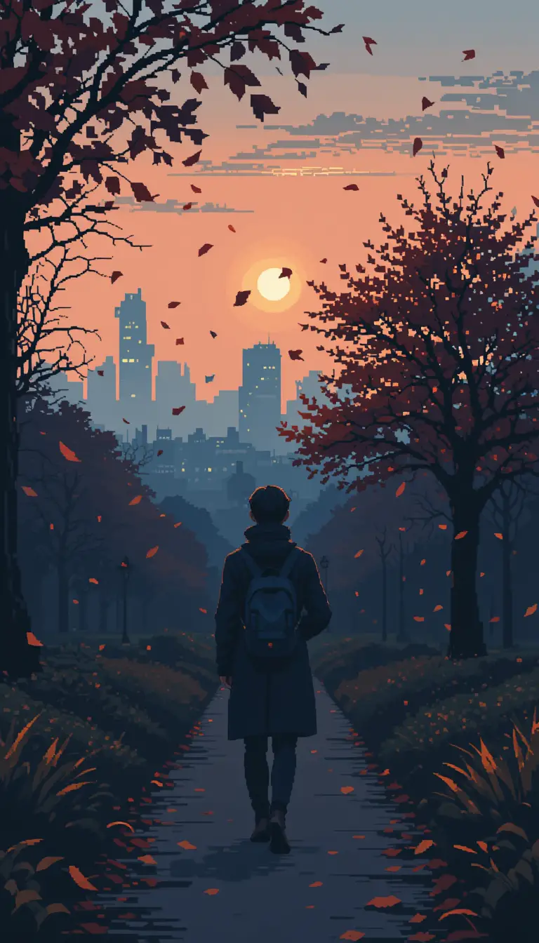 Personne marchant dans un parc d’automne en pixel art