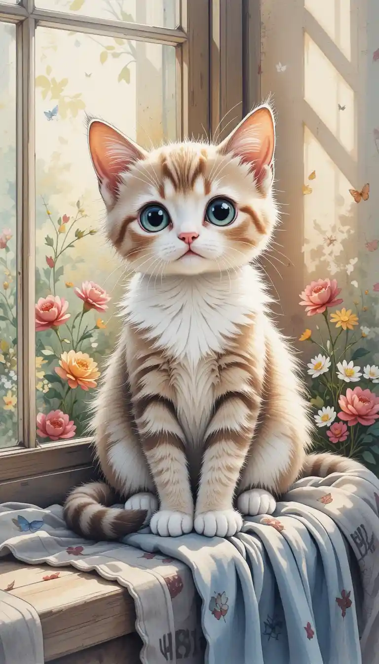 Gatto carino su davanzale soleggiato con fiori