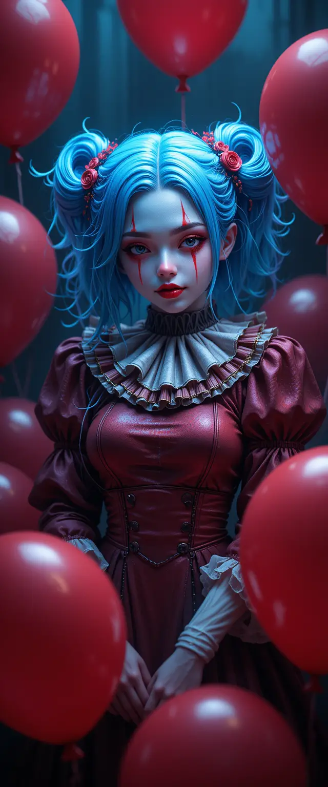 Gruseliges kawaii Anime-Clown-Mädchen mit roten Luftballons
