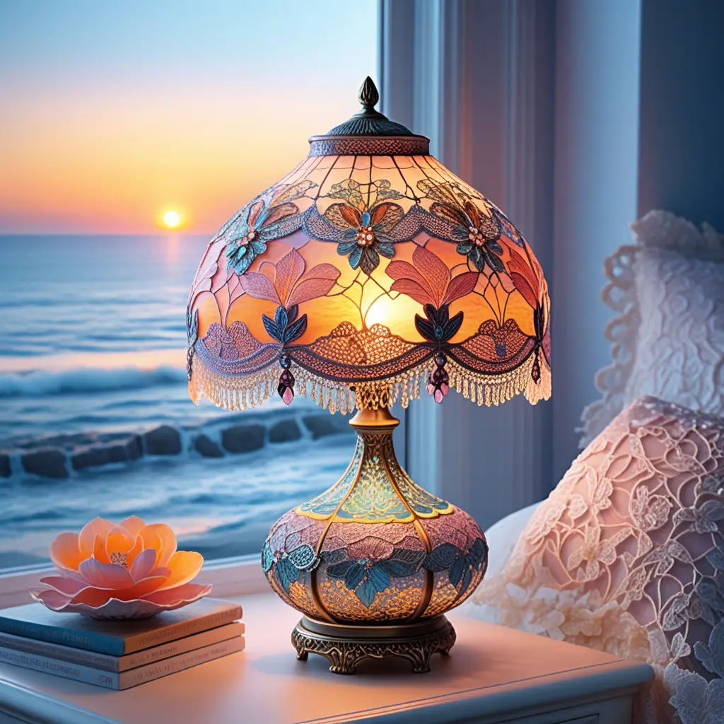 Spitzenlampe leuchtet mit Ozean-Sonnenuntergang im Schnee