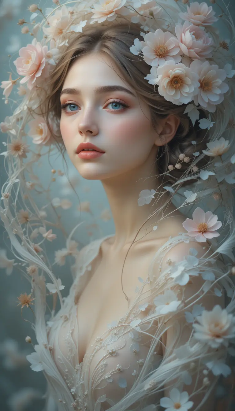 Ritratto etereo di donna con fiori delicati e bagliore soffuso