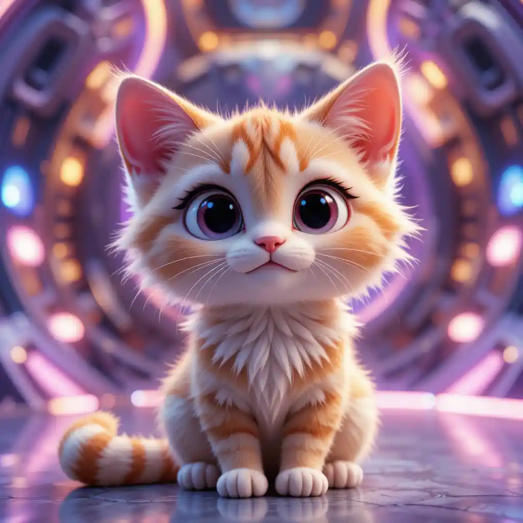 Adorable 3d cartoon cat in glowing futuristic scene