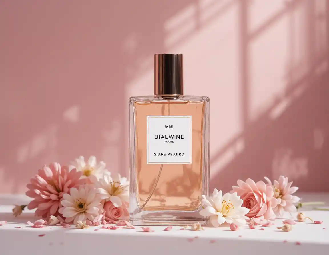 Beige perfume bottle on white table with soft studio background