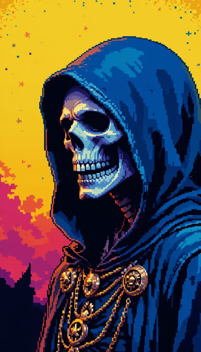 Pixelart-Sensenmann mit verhülltem Totenschädel in der Nacht