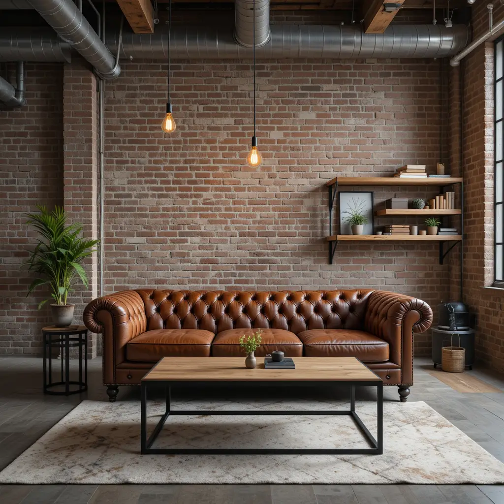 Sala de estar em loft industrial com sofá de couro e detalhes em metal