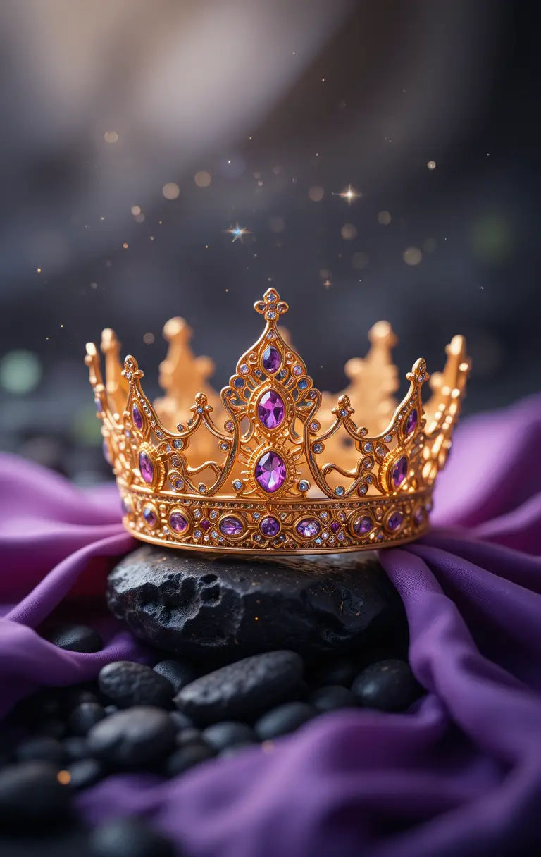Couronne dorée sertie de bijoux posée sur de la soie violette et des rochers