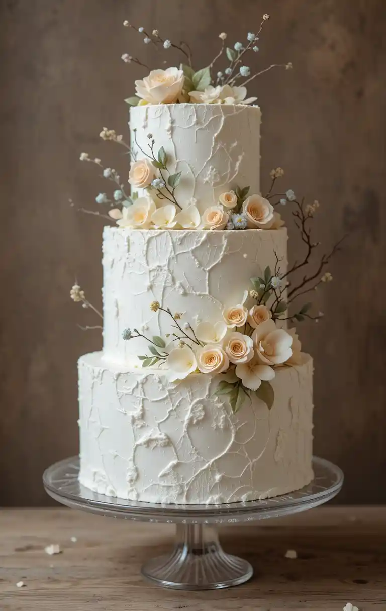 Three tier white wedding cake with sugar flowers