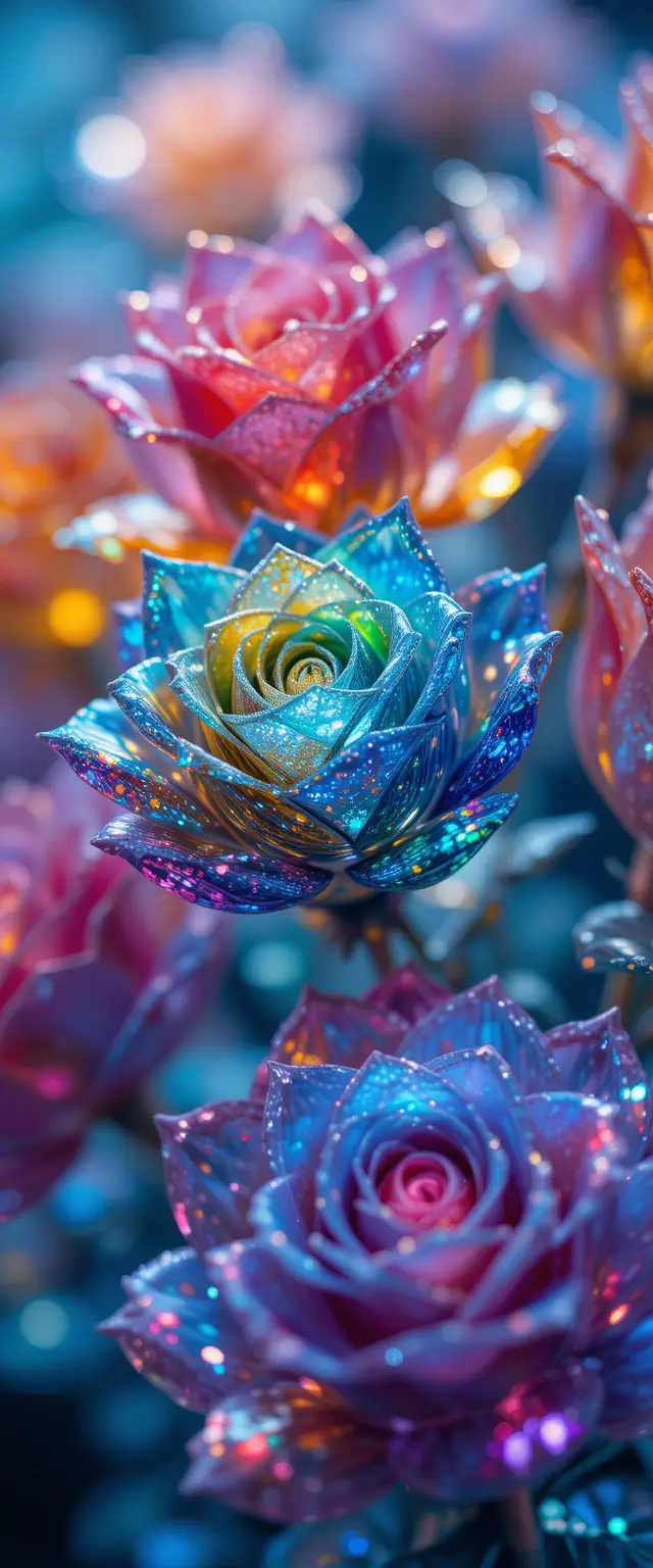 Crystal rainbow roses shimmering with dazzling reflections