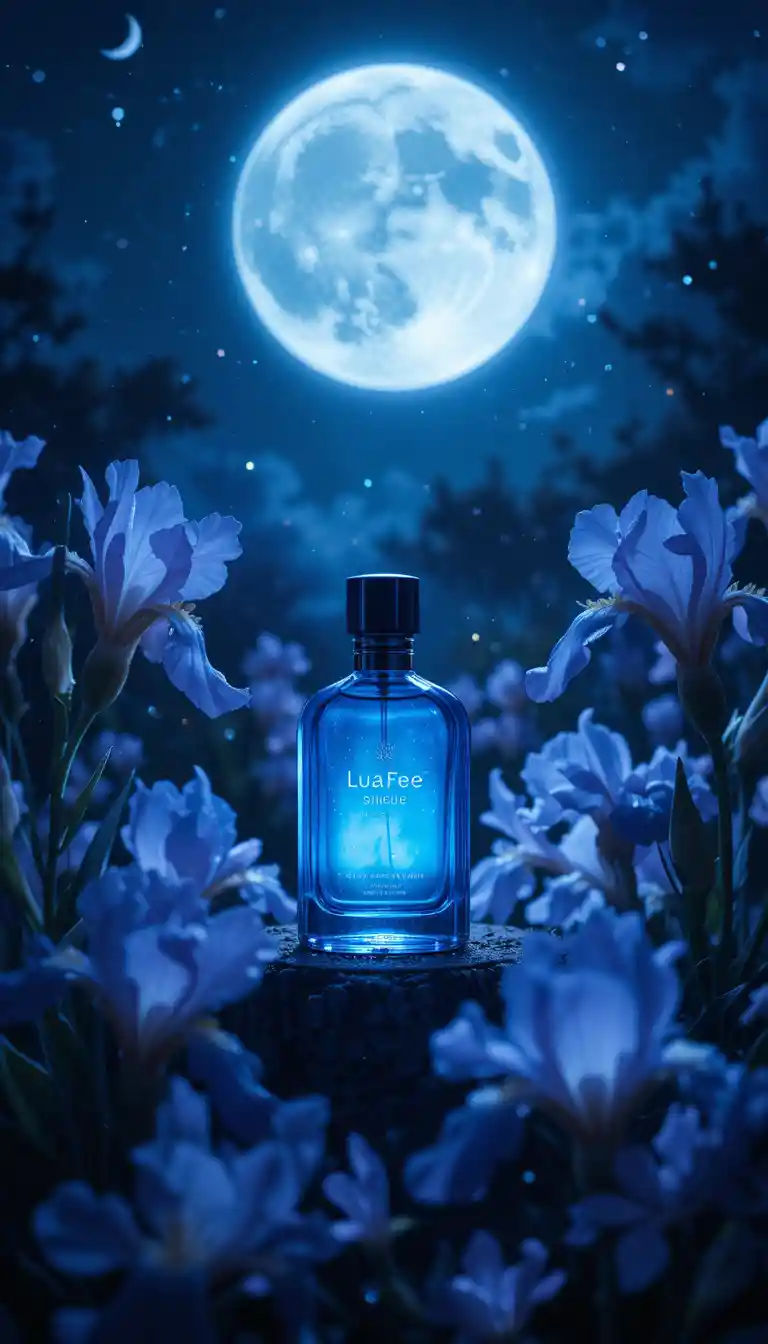 Boccetta di profumo sotto la luna blu con iris in fiore