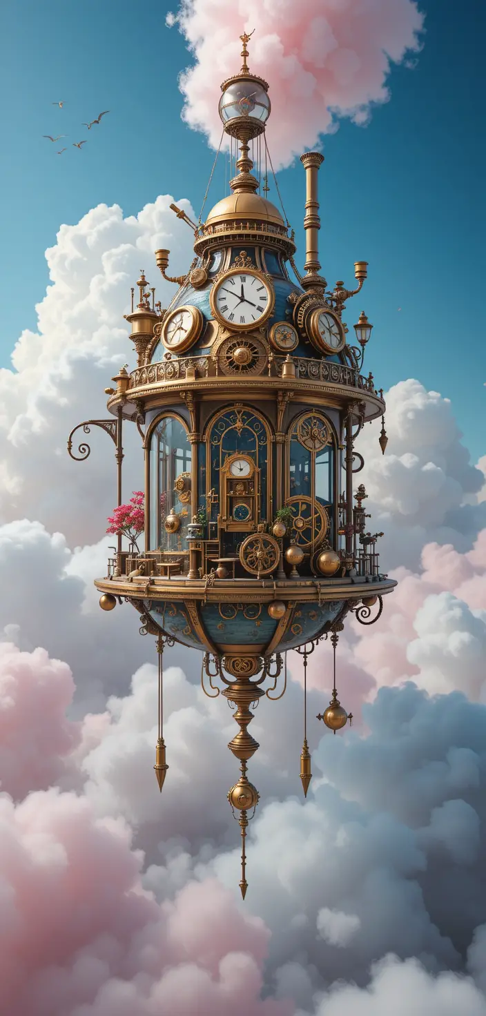 Caffè steampunk fluttuante in un cielo di nuvole di zucchero filato