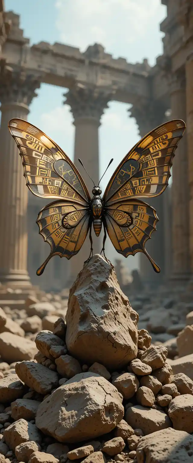 Steampunk butterfly resting in ancient temple ruins