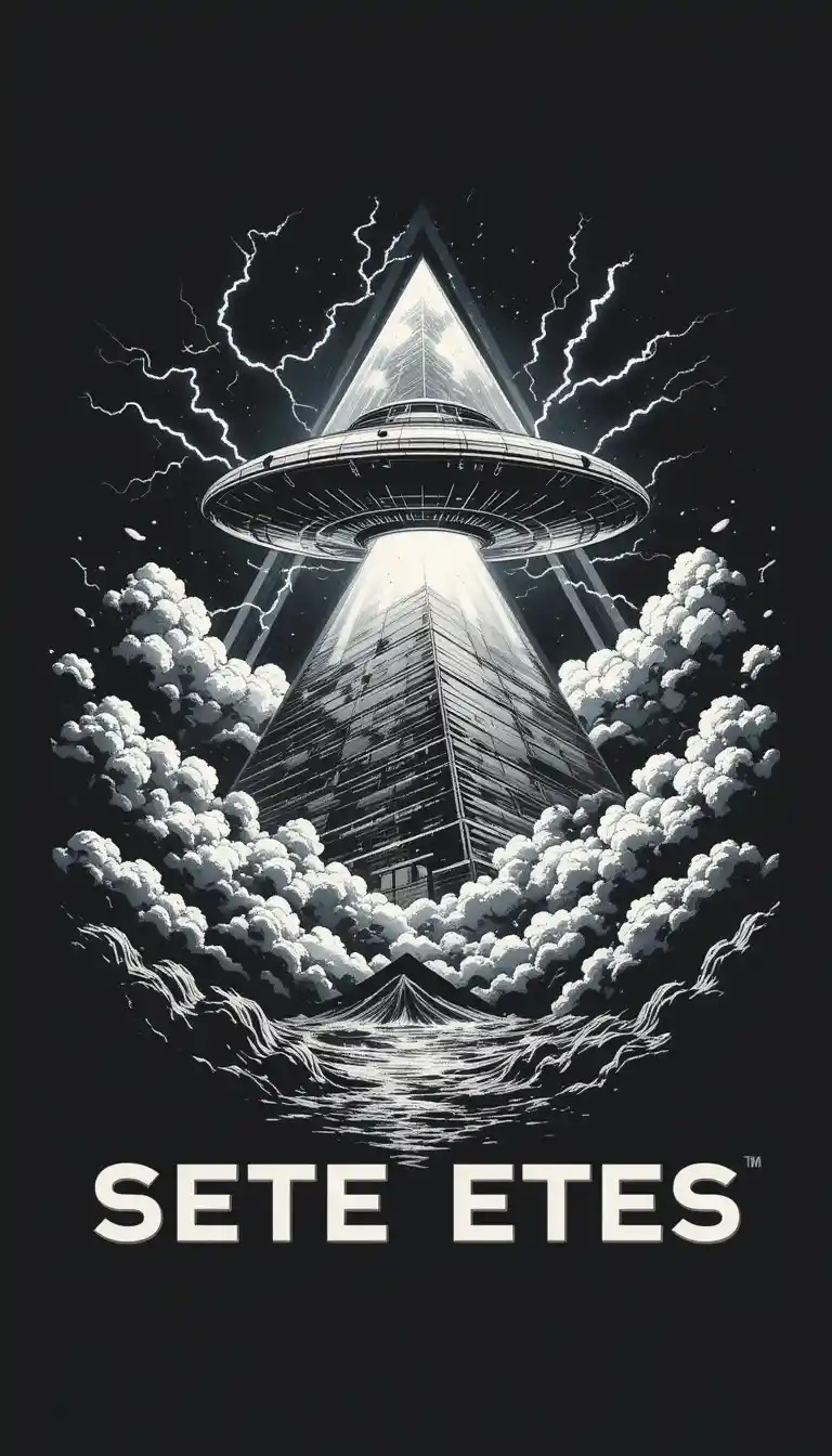 UFO ship with lightning inside geometric pyramid design