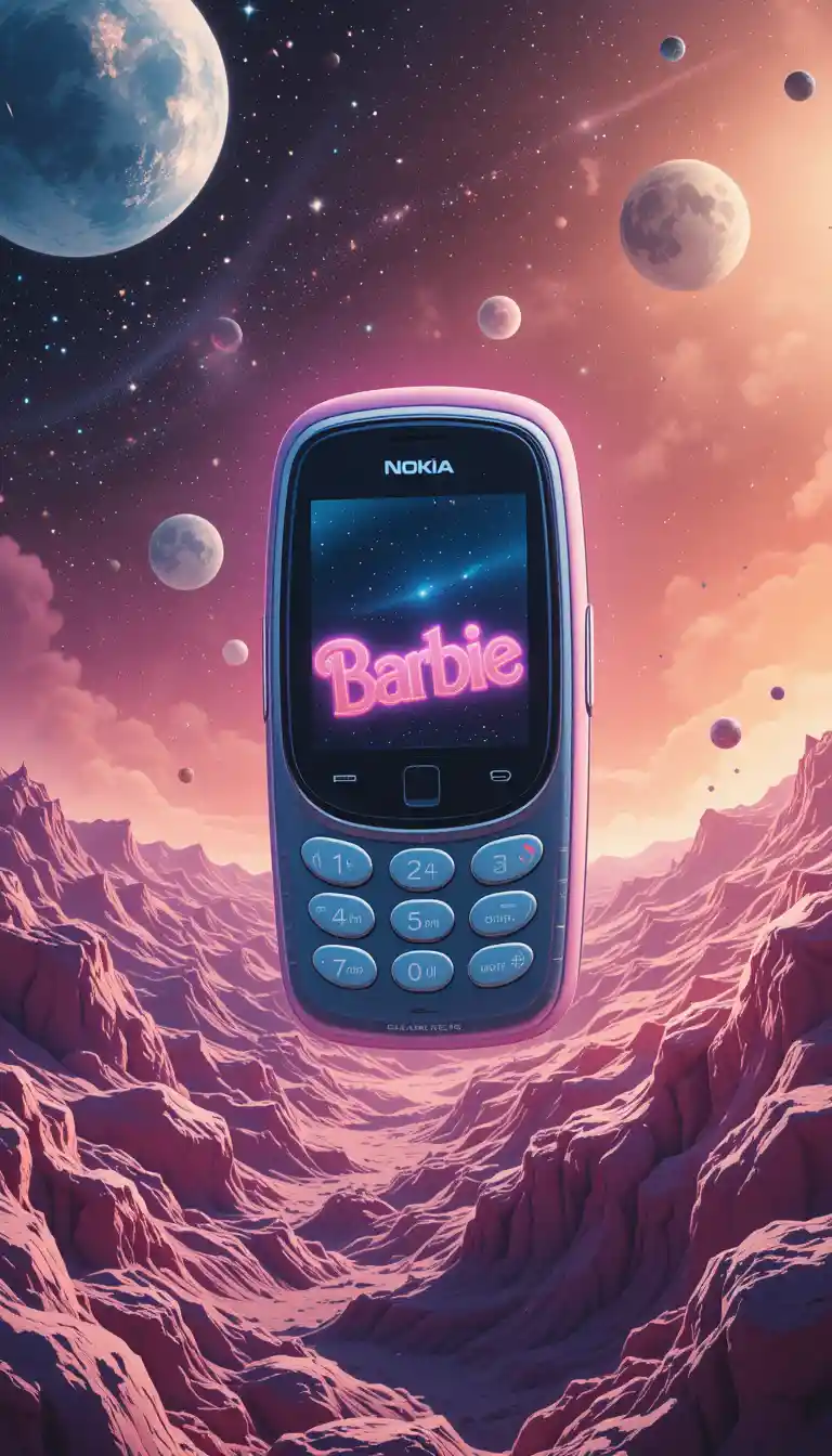 Logo Nokia retro-futuristico che fluttua nel soleggiato spazio aperto