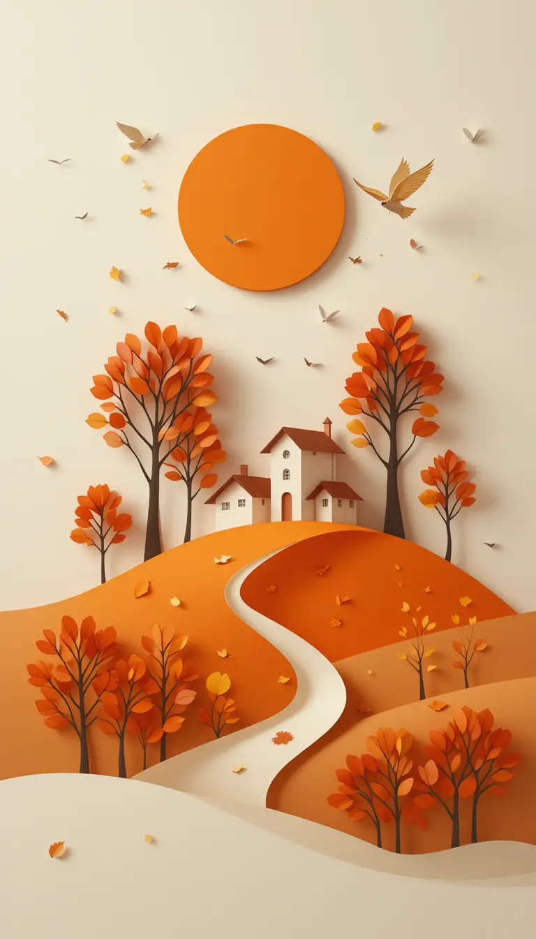 Minimale 3D-Häuser am herbstlichen Hügel mit warmer Sonne
