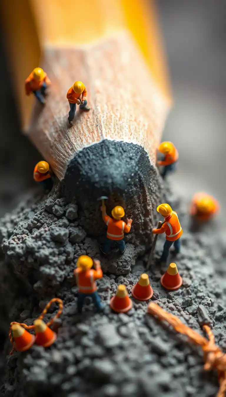 Lavoratori in miniatura che costruiscono una montagna come una matita temperata