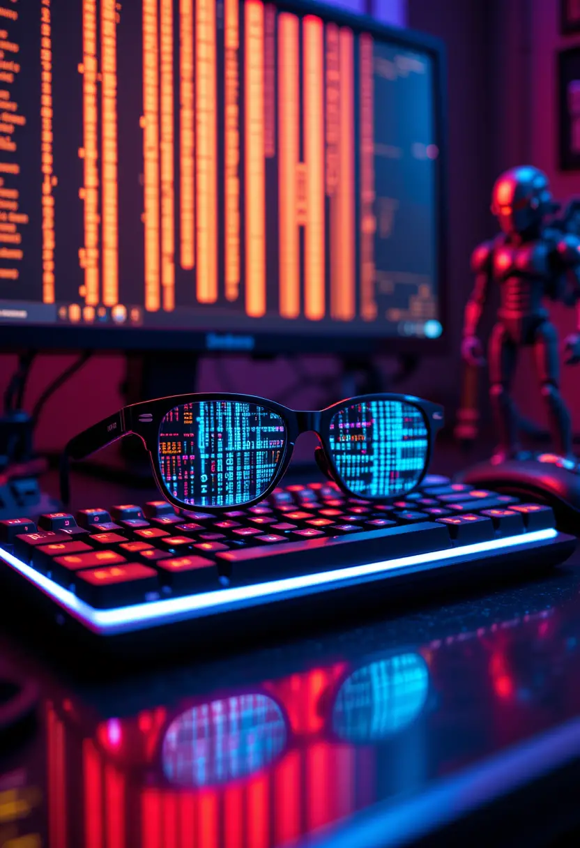 Cyberpunk-Brille, die digitalen Code auf einer Tastatur reflektiert