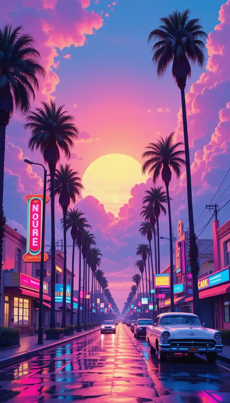 Dreamy City Street Sunset With Neon Signs And Car