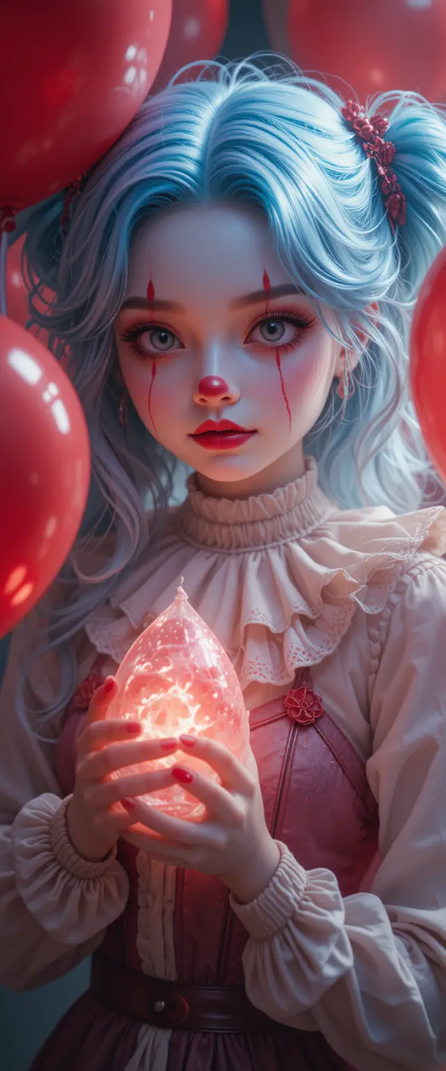 Gruselig-süßes Anime-Clown-Mädchen mit roten Luftballons