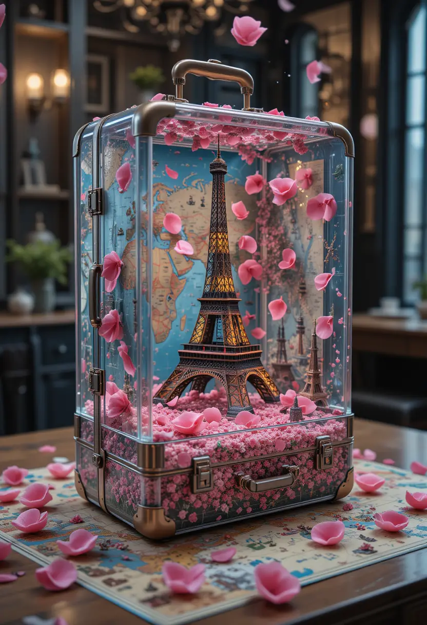 Valigia da viaggio trasparente in vetro con dettaglio Torre Eiffel