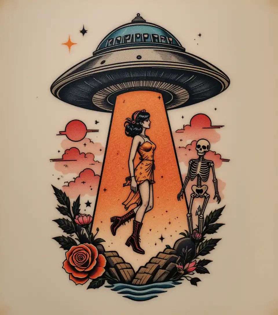 Vintage tattoo of ufo abducting woman and skeleton