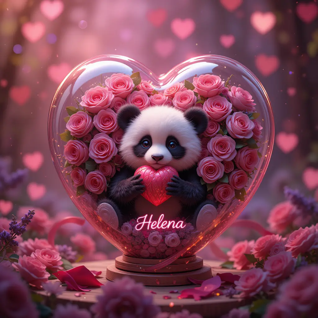 Ballon en forme de cœur avec roses et peluche panda dans une lueur bokeh