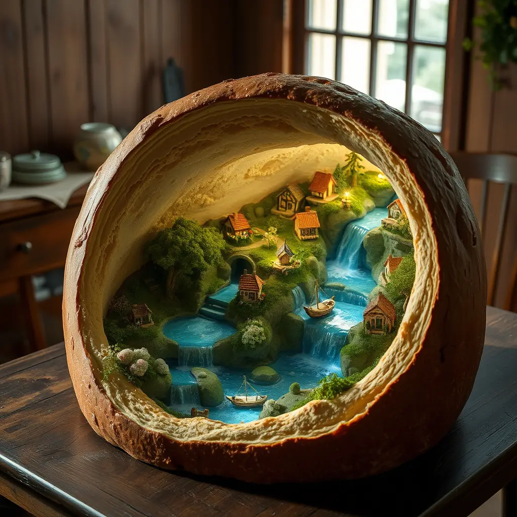 Gigantesco filone di pane che rivela un villaggio in miniatura luminoso