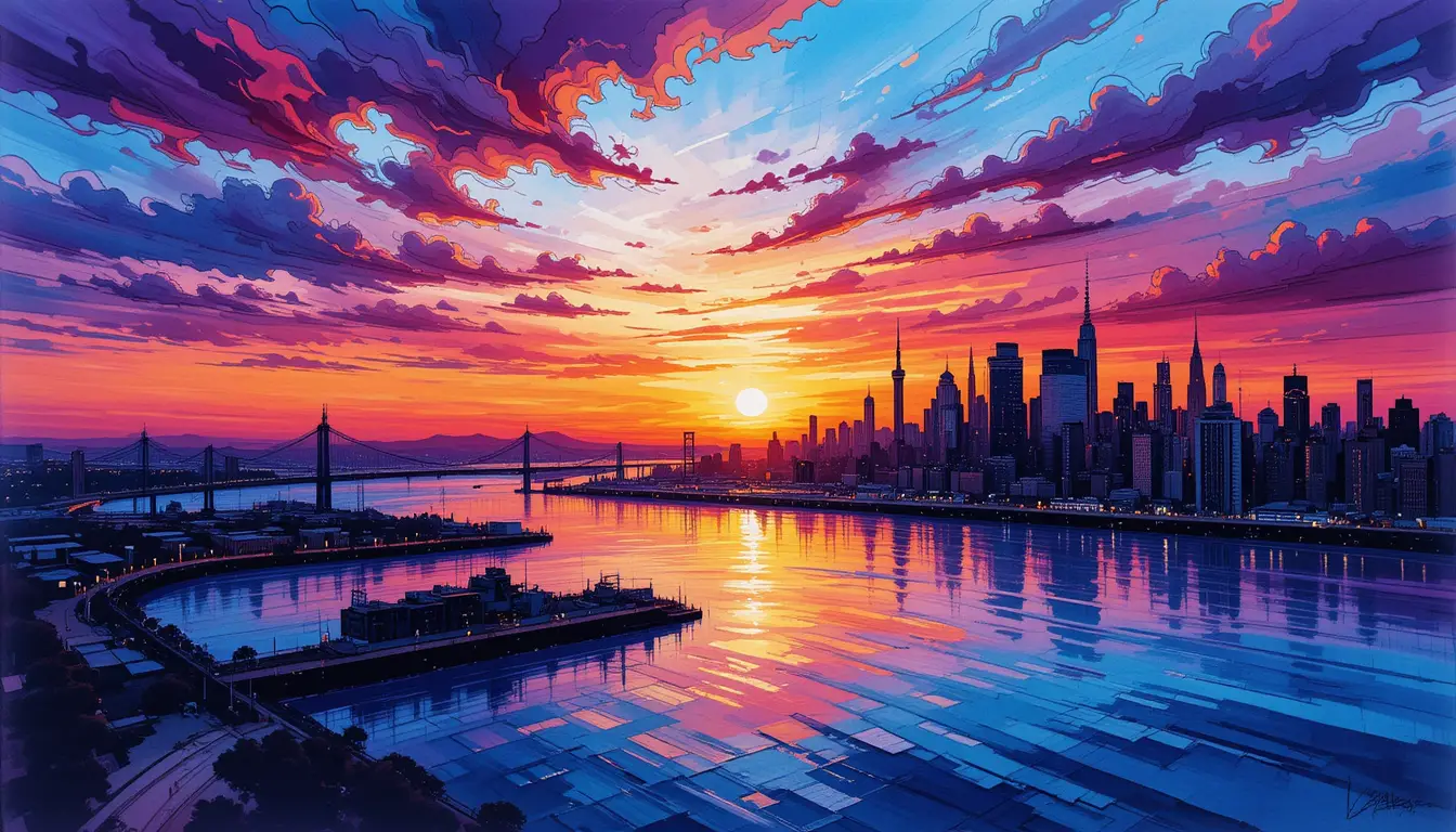 Majestätische Sonnenuntergangs-Stadtansicht über dem New Yorker Hafen – Illustration