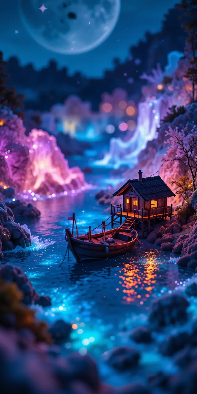 微縮生物發光海岸與小船和木筏小屋