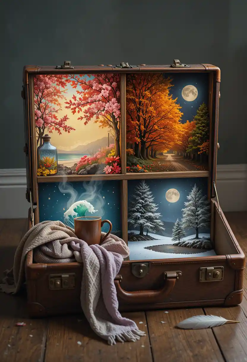 Old Leather Suitcase On Wooden Floor Holding Four Seasons