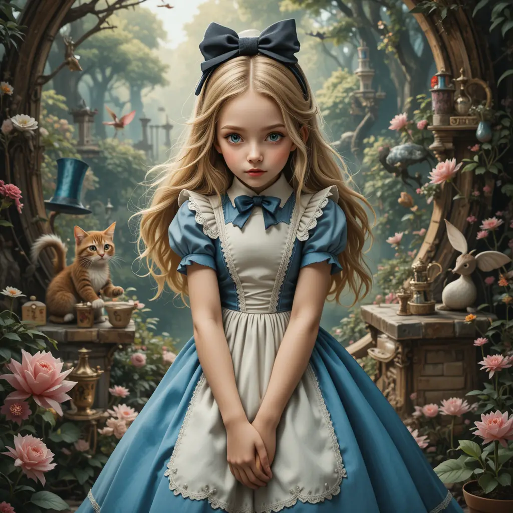 Giovane ragazza curiosa che esplora il mondo surreale di Wonderland
