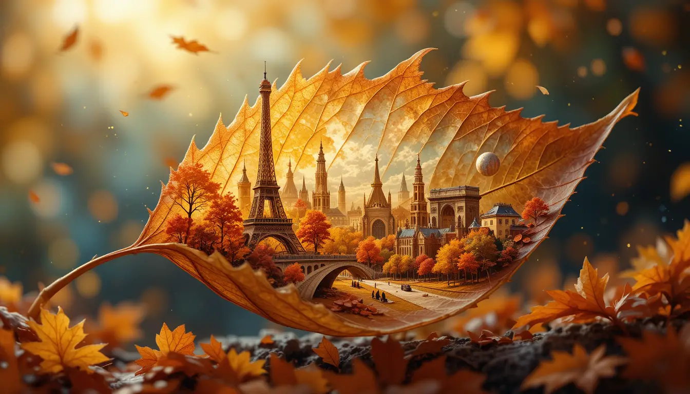 Herbstblatt Nahaufnahme mit traumhafter Pariser Stadtsilhouette