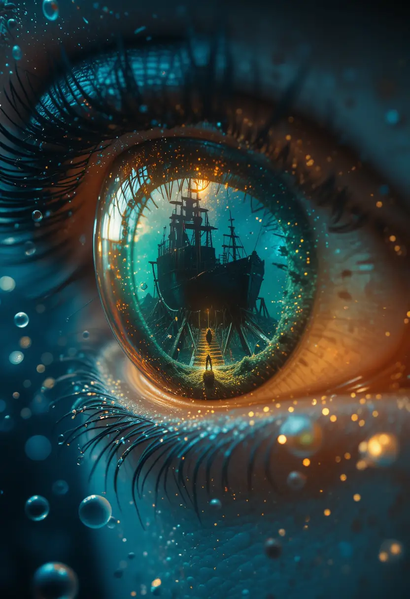 Primo piano di un occhio di sirena con riflesso di un relitto