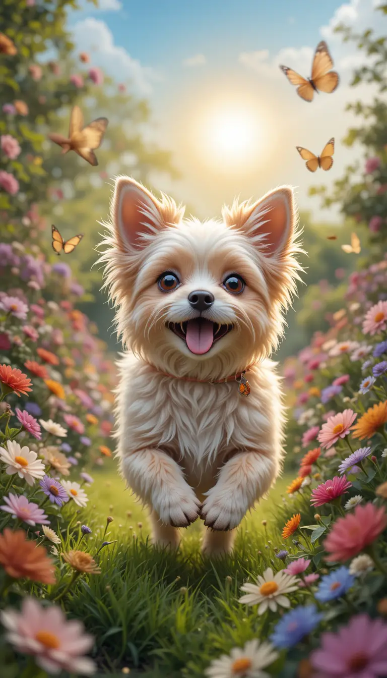 Playful puppy running happily in a colorful flower garden