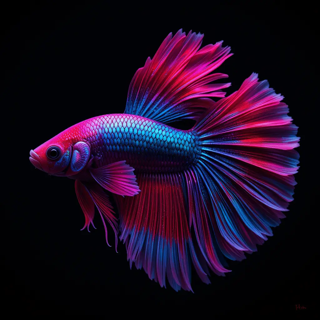 黑色背景上優雅飄逸魚鰭的鬥魚