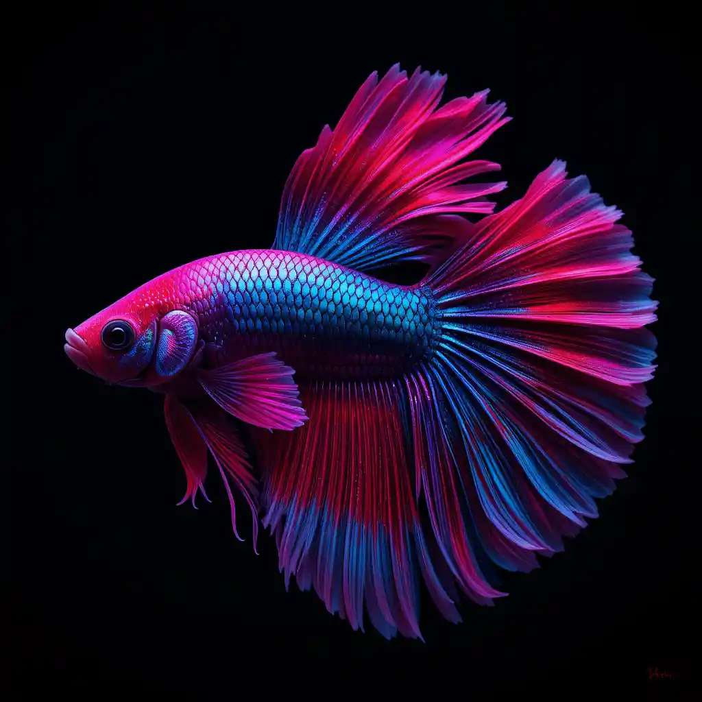 Elegante pesce betta con pinne fluttuanti su sfondo nero