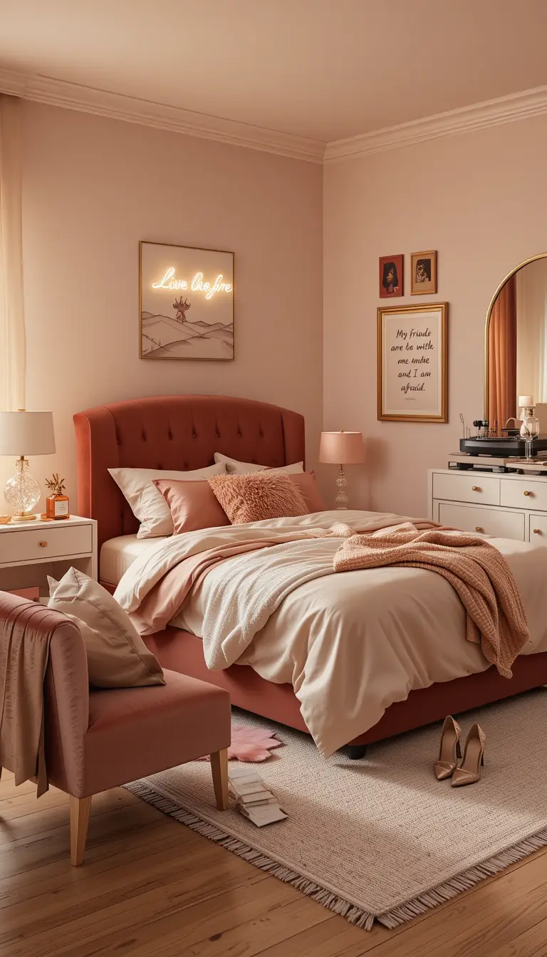 Romantisches Schlafzimmer im Sonnenuntergang mit Samtbett und Deko