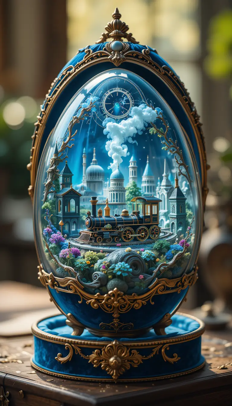 Vue macro d’un œuf serti de bijoux avec un petit train à l’intérieur