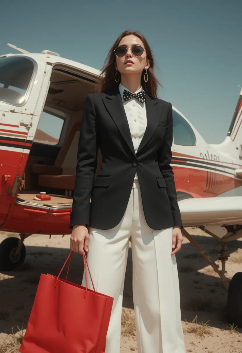 Fashion woman in blazer posing by small airplane