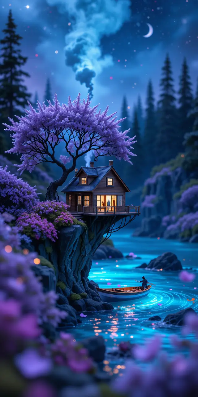星空下懸崖邊的生物發光木筏小屋