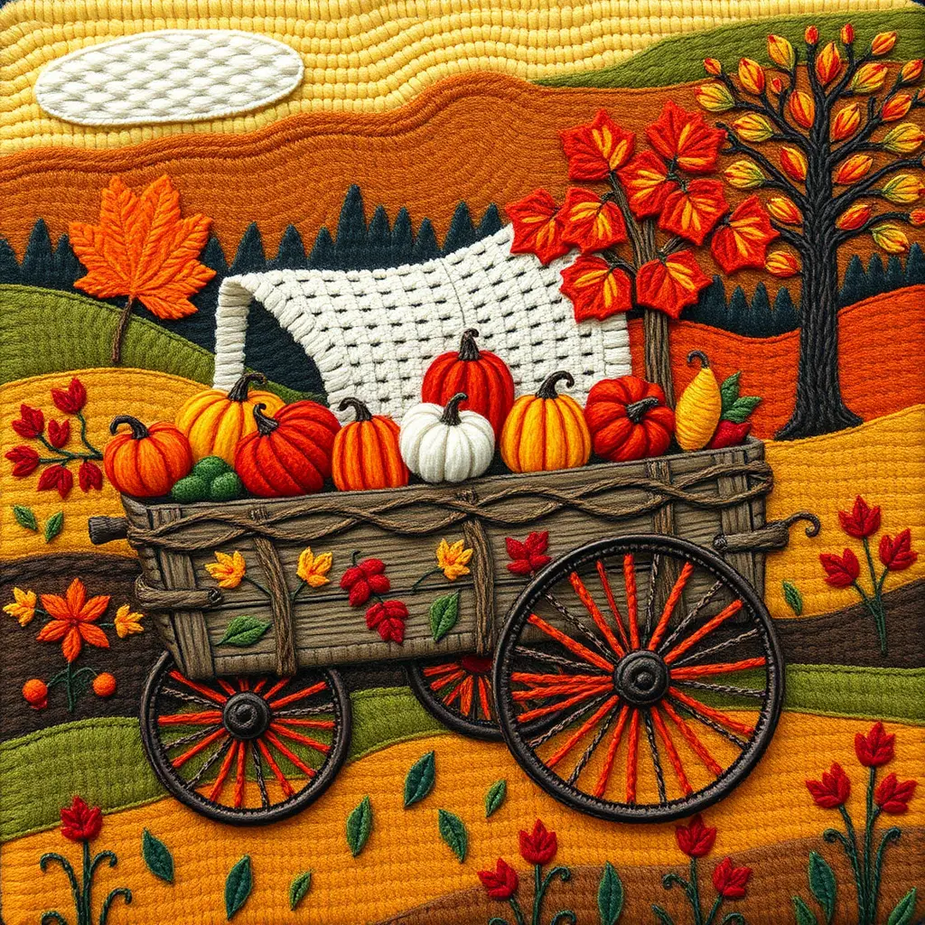 Carro de otoño colorido en un campo acogedor de arte folclórico