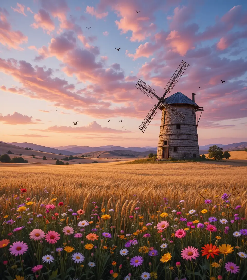 Rustikale Windmühle in goldenen Weizenfeldern bei Sonnenuntergang