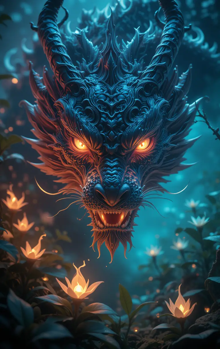 Volto di antico drago illuminato da piante luminose della foresta